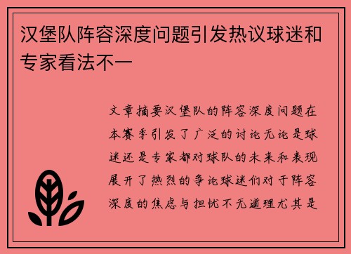 汉堡队阵容深度问题引发热议球迷和专家看法不一