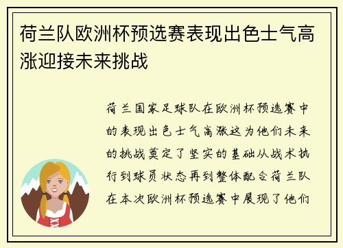 荷兰队欧洲杯预选赛表现出色士气高涨迎接未来挑战