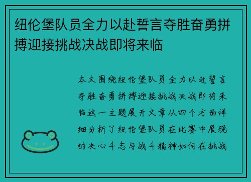 纽伦堡队员全力以赴誓言夺胜奋勇拼搏迎接挑战决战即将来临